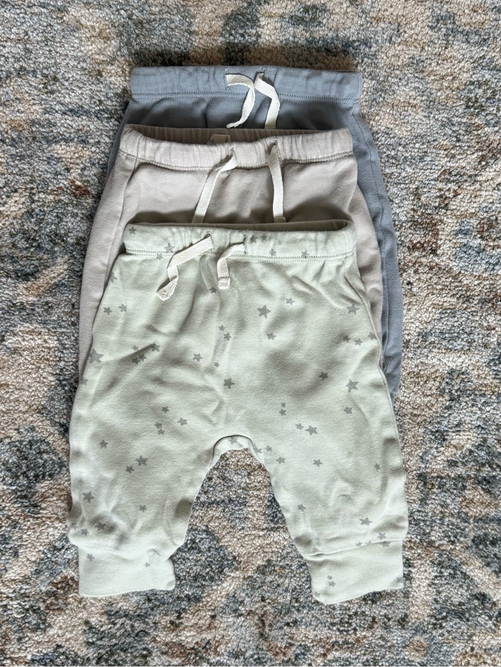 Quincy Mae Knit Pant Blue Tan and Sage Stars 3-6M